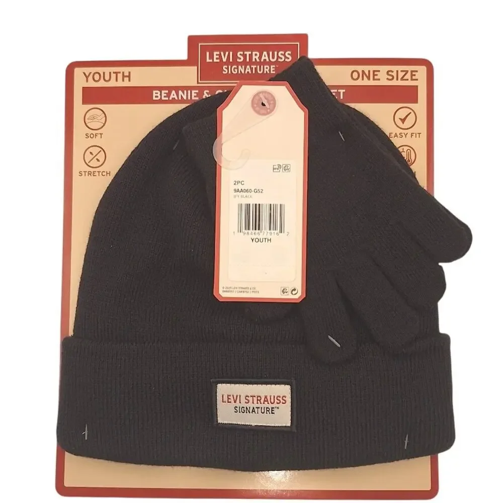 Levi Strauss Kids Beanie & Gloves Set Jet Black One Size Warm NEW
